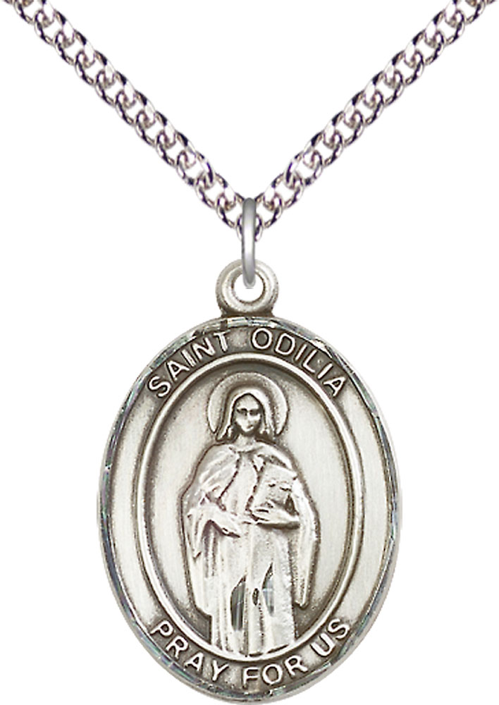 Sterling Silver Saint Odilia Pendant on a 24 inch Sterling Silver Heavy Curb chain
