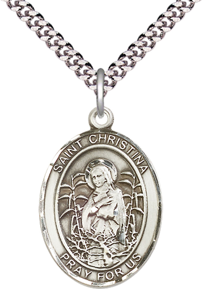 Sterling Silver Saint Christina the Astonishing Pendant on a 24 inch Light Rhodium Heavy Curb chain