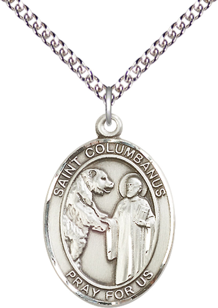Sterling Silver Saint Columbanus Pendant on a 24 inch Sterling Silver Heavy Curb chain