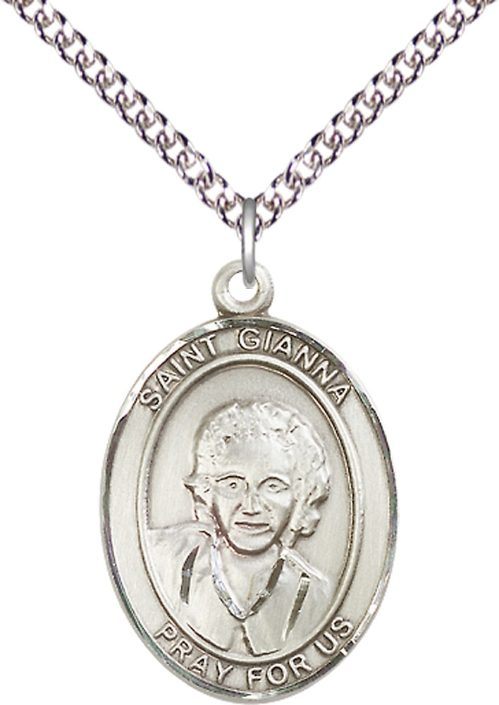 Sterling Silver Saint Gianna Pendant on a 24 inch Sterling Silver Heavy Curb chain
