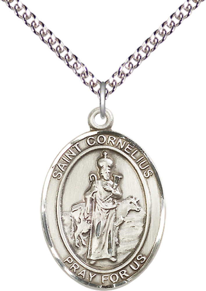 Sterling Silver Saint Cornelius Pendant on a 24 inch Sterling Silver Heavy Curb chain