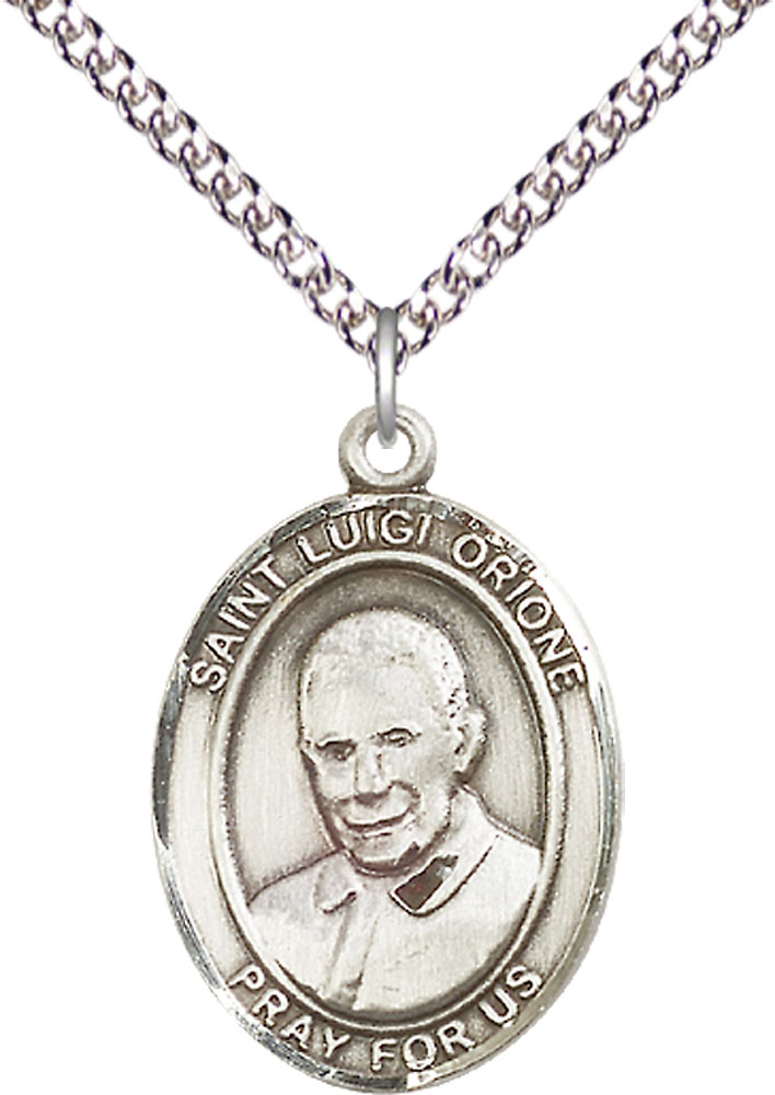 Sterling Silver Saint Luigi Orione Pendant on a 24 inch Sterling Silver Heavy Curb chain