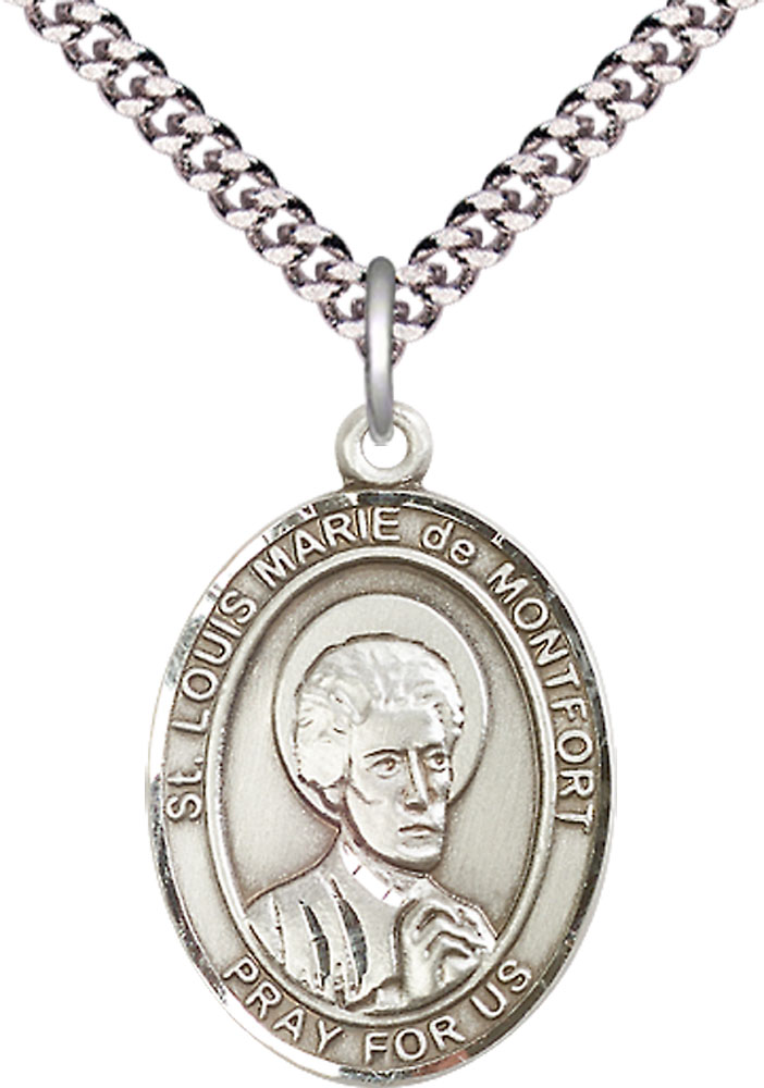 Sterling Silver Saint Louis Marie de Montfort Pendant on a 24 inch Light Rhodium Heavy Curb chain