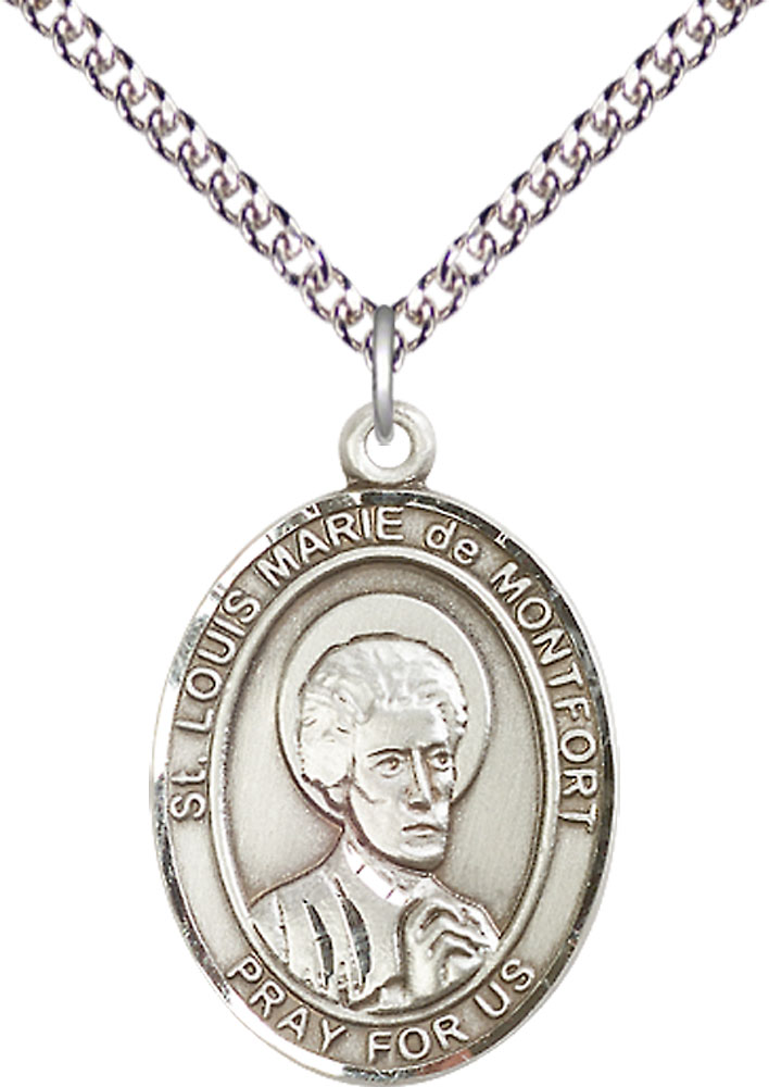 Sterling Silver Saint Louis Marie de Montfort Pendant on a 24 inch Sterling Silver Heavy Curb chain