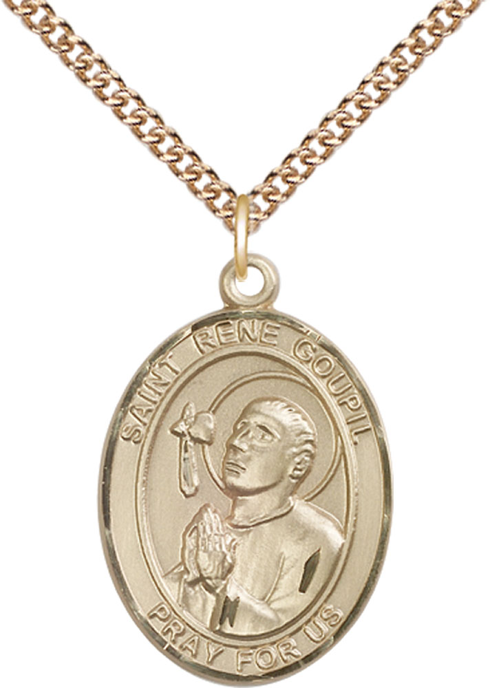 14kt Gold Filled Saint Rene Goupil Pendant on a 24 inch Gold Filled Heavy Curb chain