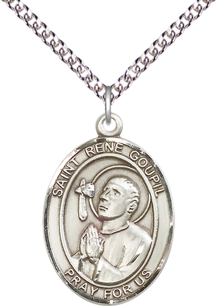 Sterling Silver Saint Rene Goupil Pendant on a 24 inch Sterling Silver Heavy Curb chain