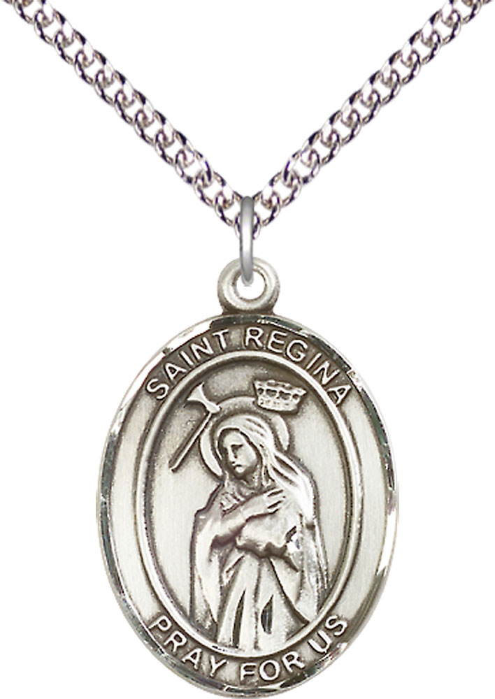 Sterling Silver Saint Regina Pendant on a 24 inch Sterling Silver Heavy Curb chain