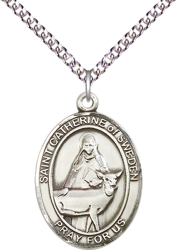 Sterling Silver Saint Catherine of Sweden Pendant on a 24 inch Sterling Silver Heavy Curb chain