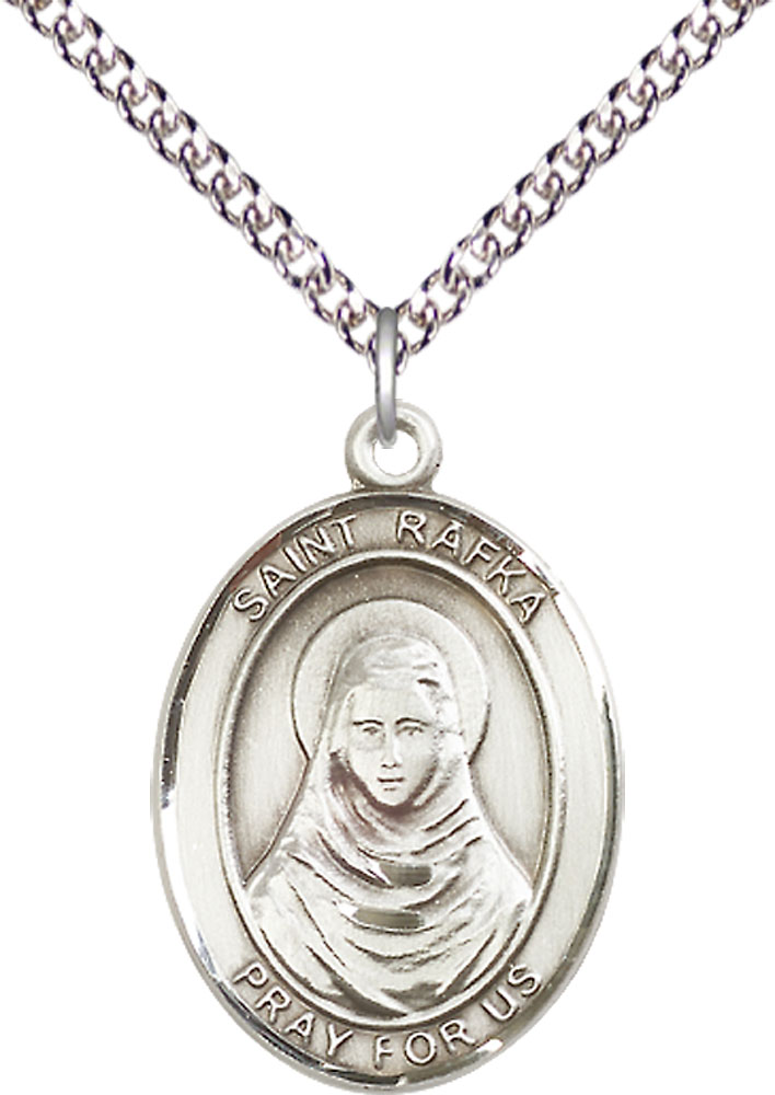 Sterling Silver Saint Rafka Pendant on a 24 inch Sterling Silver Heavy Curb chain