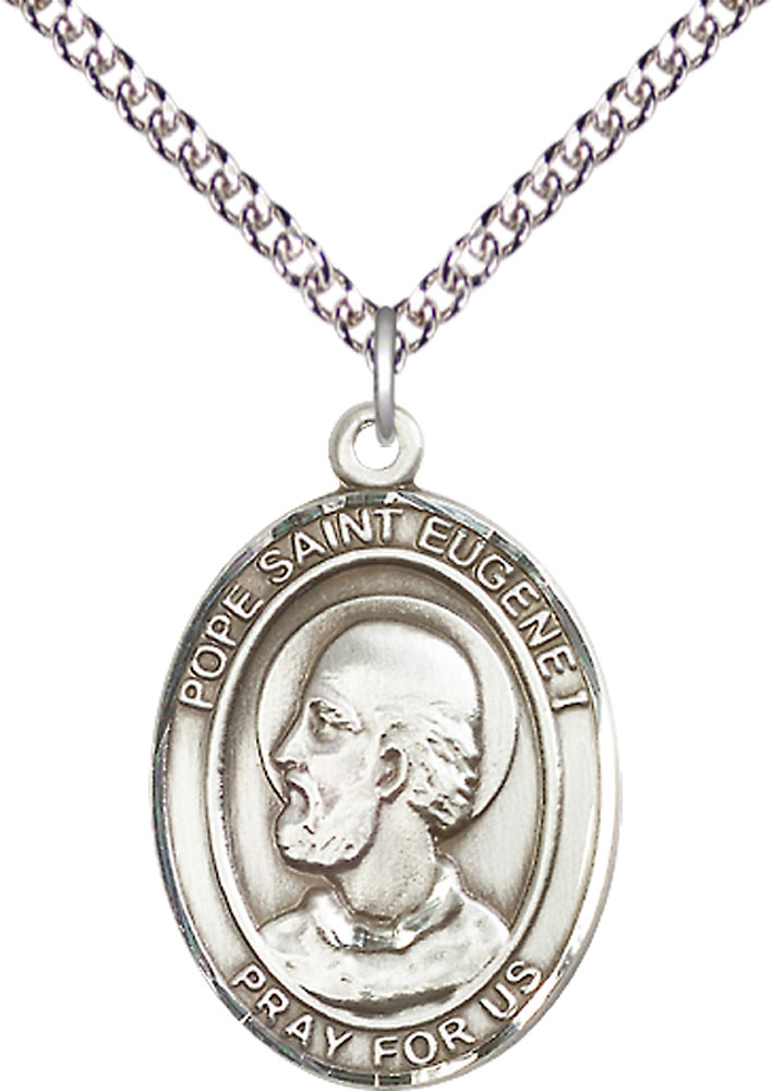 Sterling Silver Pope St Eugene I Pendant on a 24 inch Sterling Silver Heavy Curb chain