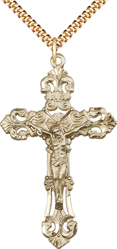 14kt Gold Filled Crucifix Pendant on a 24 inch Gold Plate Heavy Curb chain