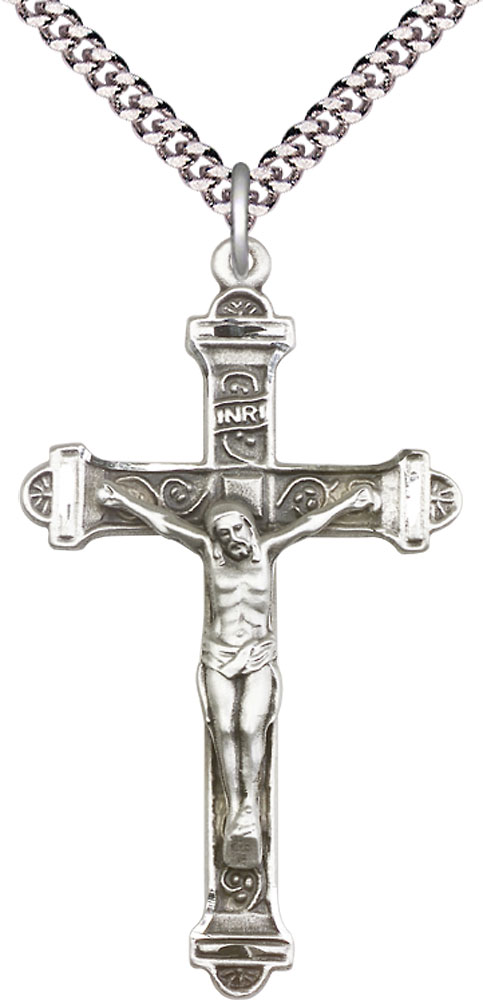Sterling Silver Crucifix Pendant on a 24 inch Light Rhodium Heavy Curb chain