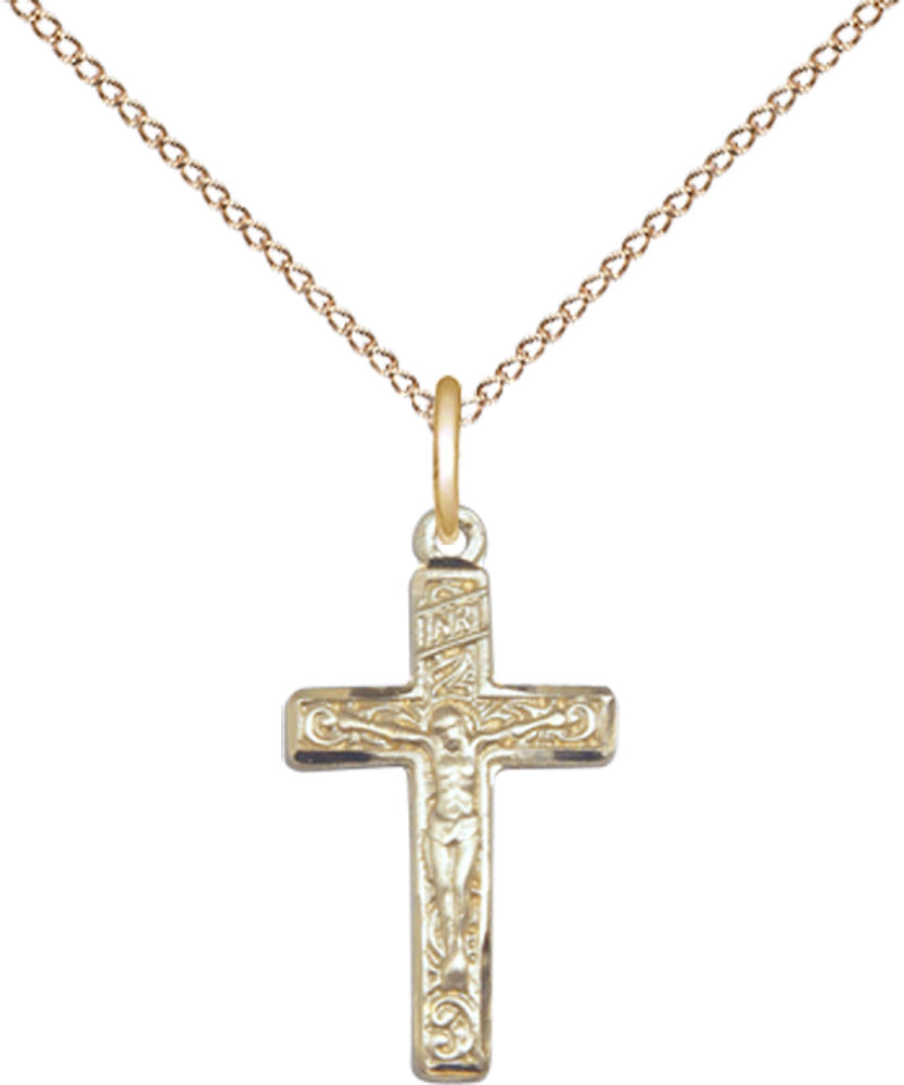 14kt Gold Filled Crucifix Pendant on a 18 inch Gold Filled Light Curb chain
