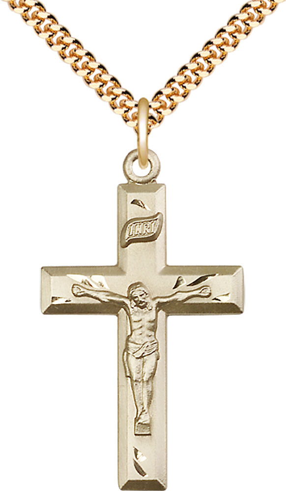 14kt Gold Filled Crucifix Pendant on a 24 inch Gold Plate Heavy Curb chain
