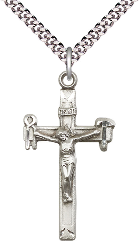 Sterling Silver Crucifix Pendant on a 24 inch Light Rhodium Heavy Curb chain