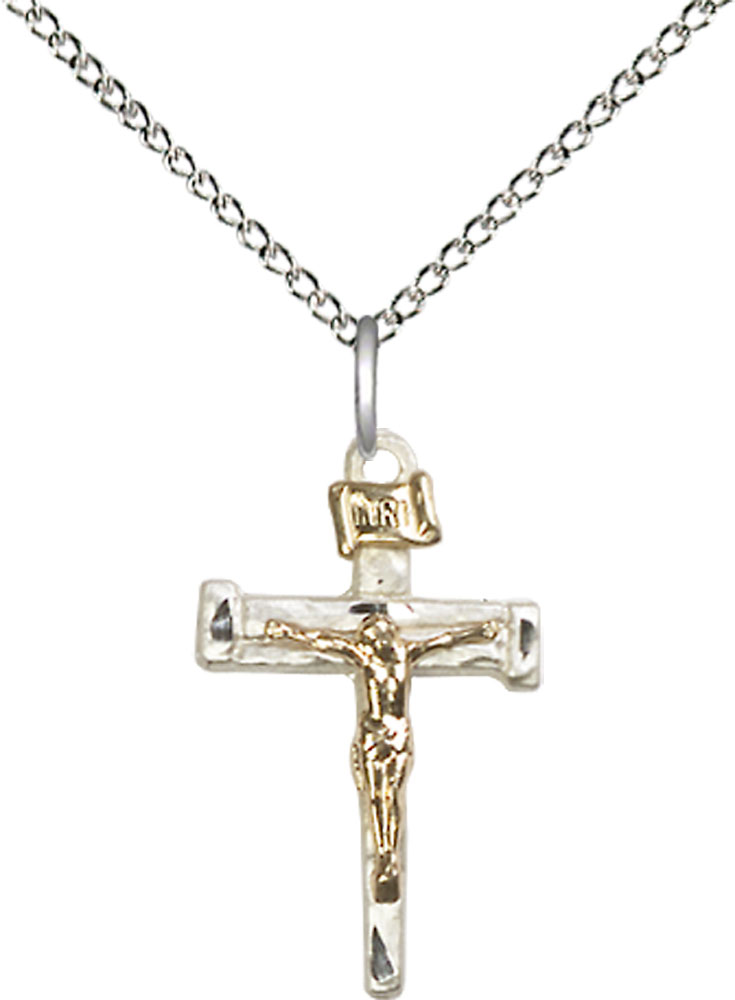 Two-Tone GF/SS Nail Crucifix Pendant on a 18 inch Sterling Silver Light Curb chain