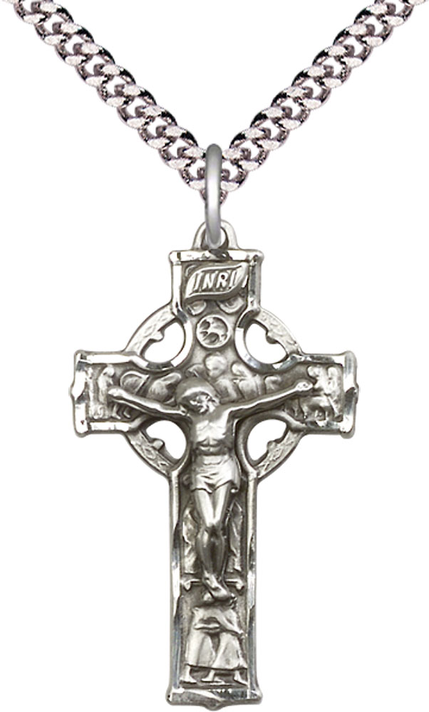Sterling Silver Celtic Crucifix Pendant on a 24 inch Light Rhodium Heavy Curb chain