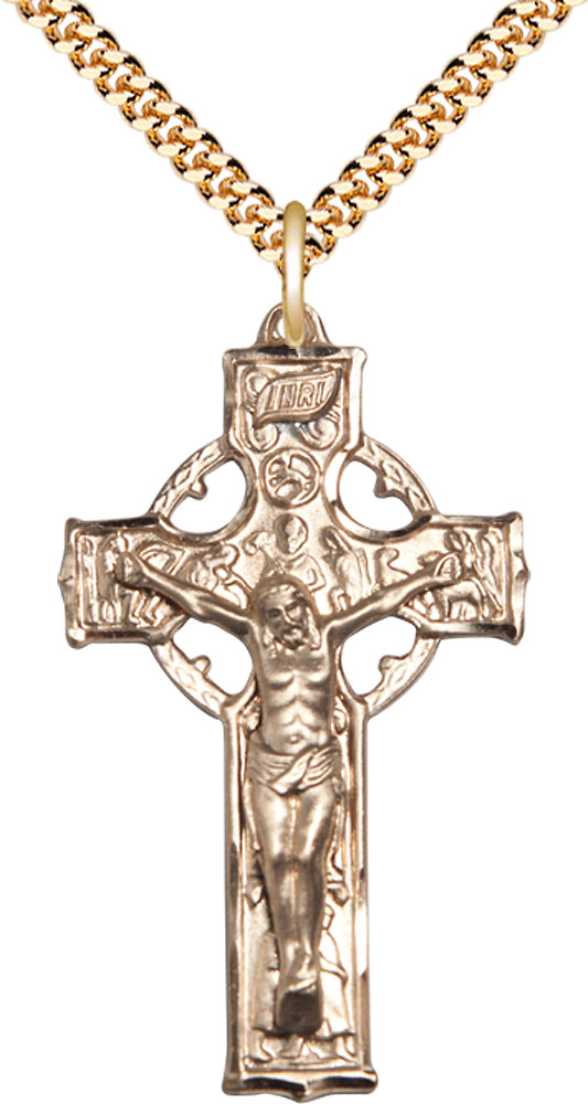 14kt Gold Filled Celtic Crucifix Pendant on a 24 inch Gold Plate Heavy Curb chain