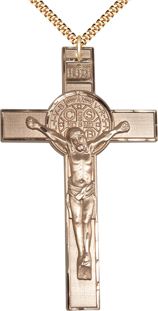 14kt Gold Filled Saint Benedict Pendant on a 24 inch Gold Plate Heavy Curb chain