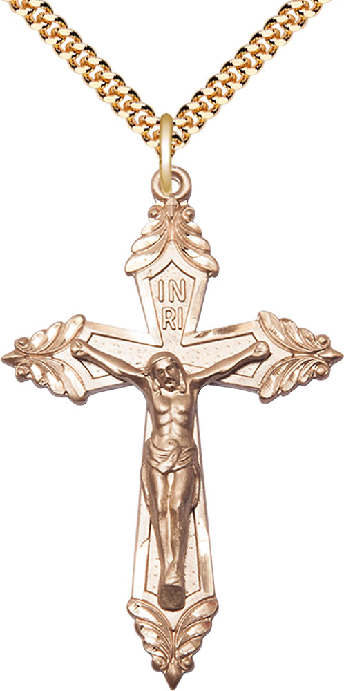 14kt Gold Filled Crucifix Pendant on a 24 inch Gold Plate Heavy Curb chain