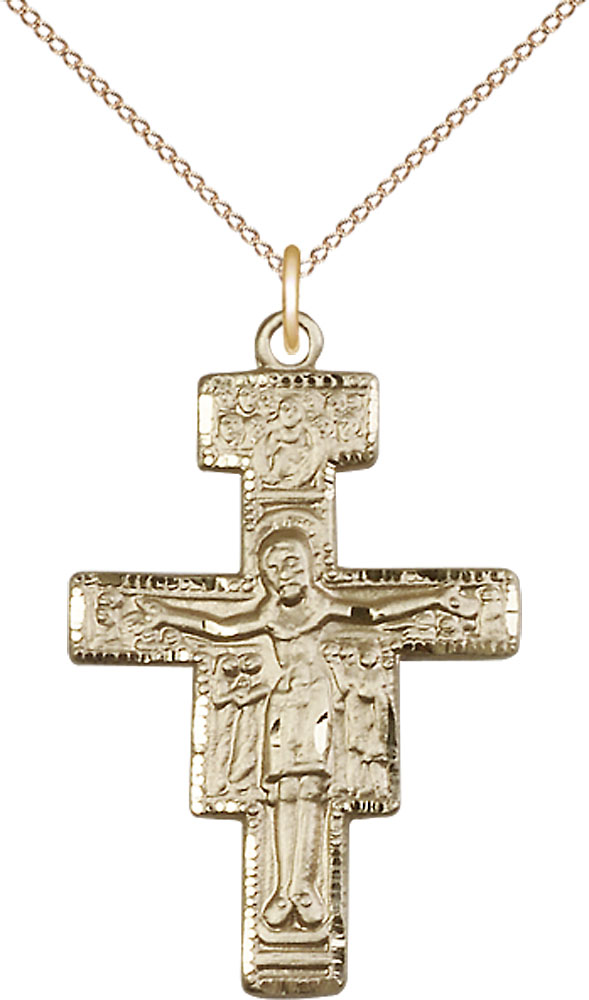 14kt Gold Filled San Damiano Crucifix Pendant on a 18 inch Gold Filled Light Curb chain