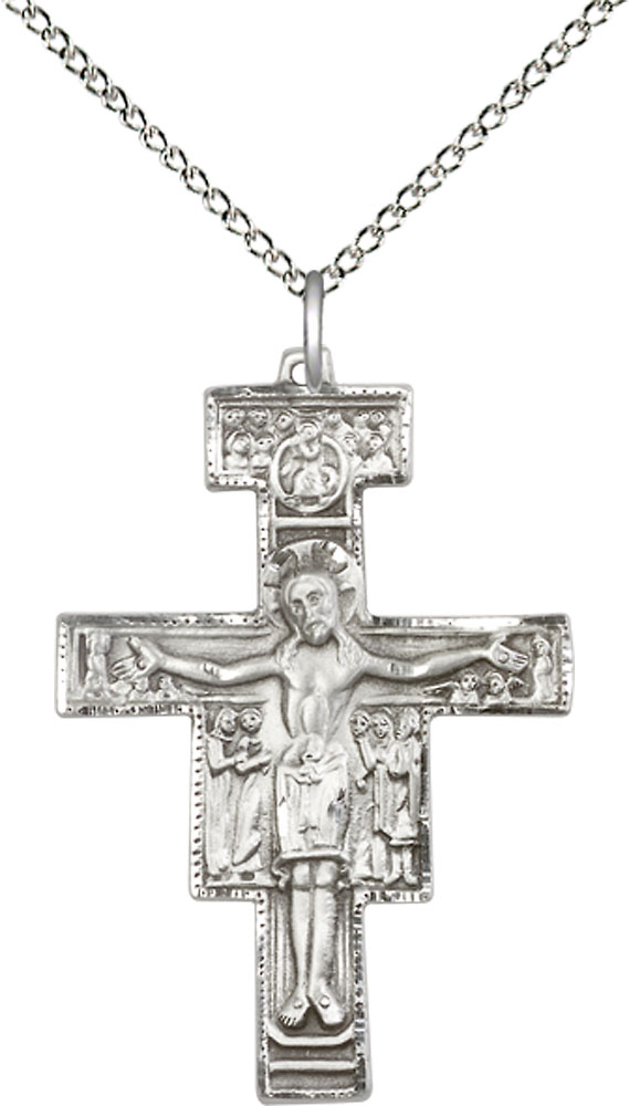 Sterling Silver San Damiano Crucifix Pendant on a 18 inch Sterling Silver Light Curb chain