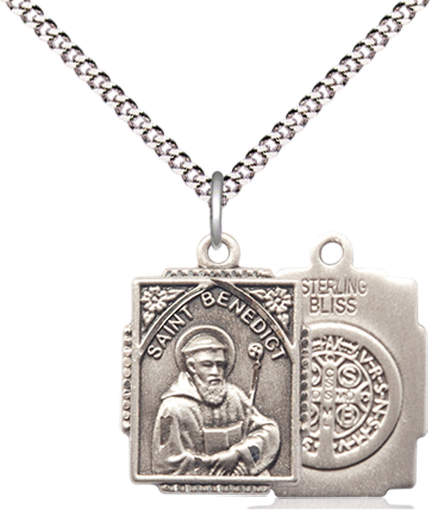 Sterling Silver Saint Benedict Pendant on a 18 inch Light Rhodium Light Curb chain