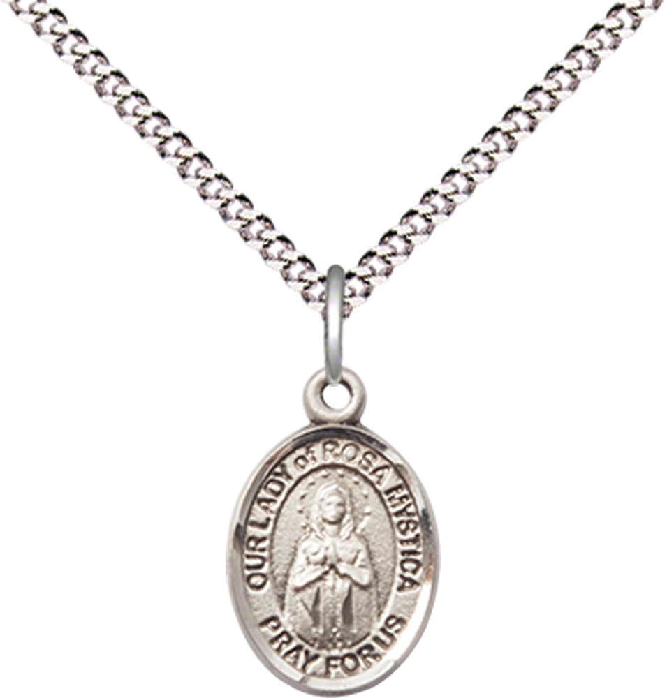 Sterling Silver Our Lady of Rosa Mystica Pendant on a 18 inch Light Rhodium Light Curb chain