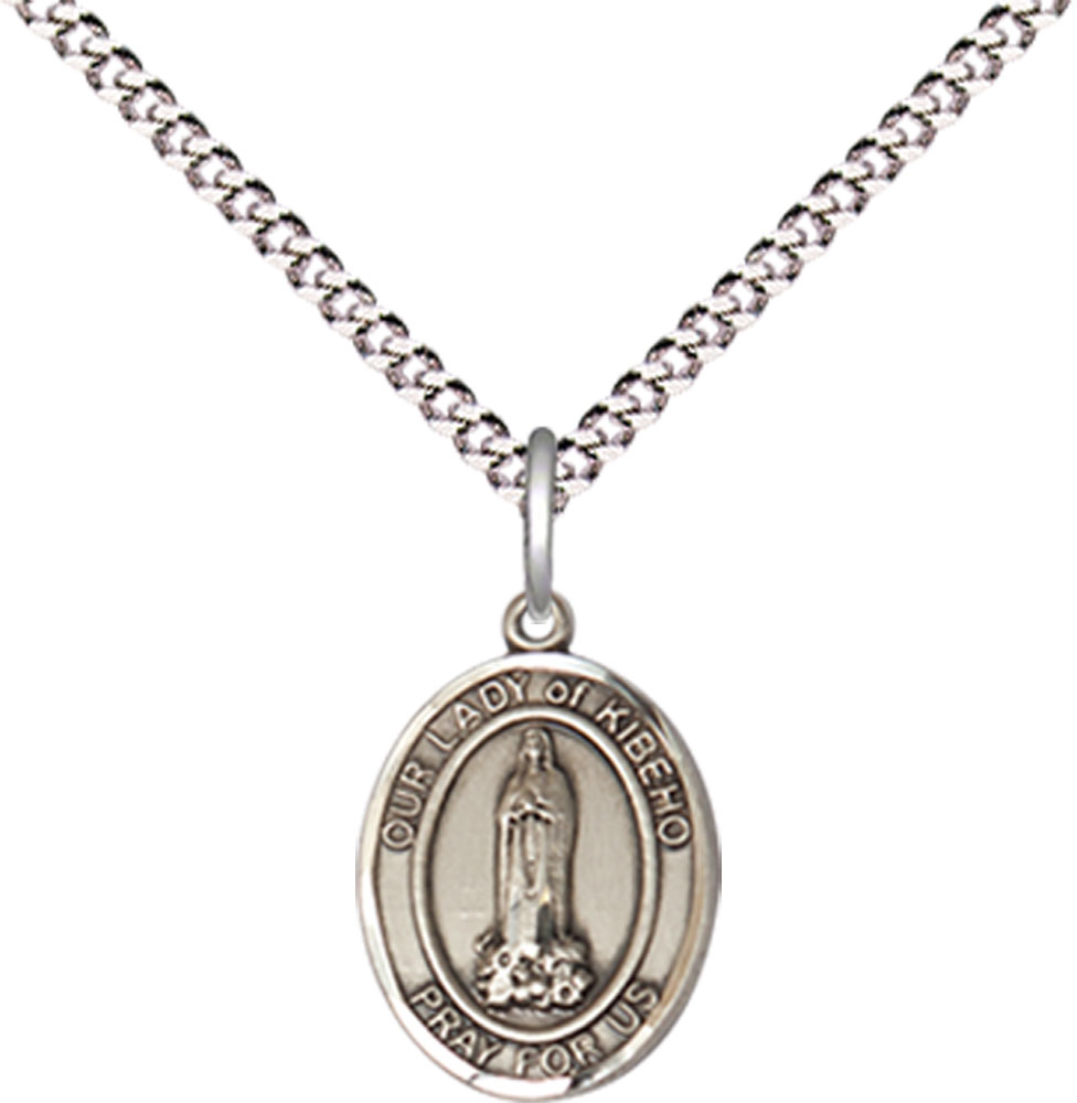 Sterling Silver Our Lady of Kibeho Pendant on a 18 inch Light Rhodium Light Curb chain