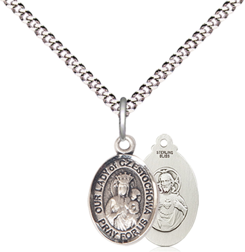 Sterling Silver Our Lady of Czestochowa Pendant on a 18 inch Light Rhodium Light Curb chain