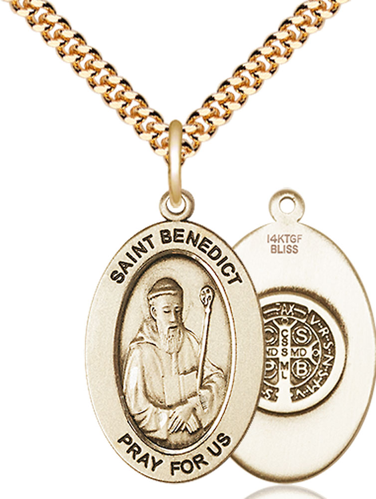 14kt Gold Filled Saint Benedict Pendant on a 24 inch Gold Plate Heavy Curb chain
