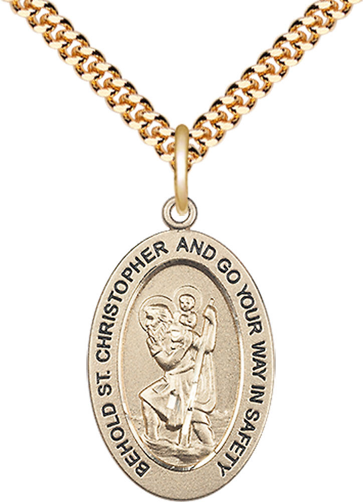 14kt Gold Filled Saint Christopher Pendant on a 24 inch Gold Plate Heavy Curb chain