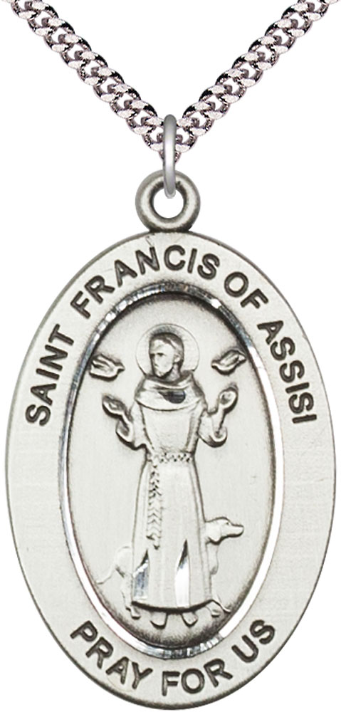Sterling Silver Saint Francis of Assisi Pendant on a 24 inch Light Rhodium Heavy Curb chain
