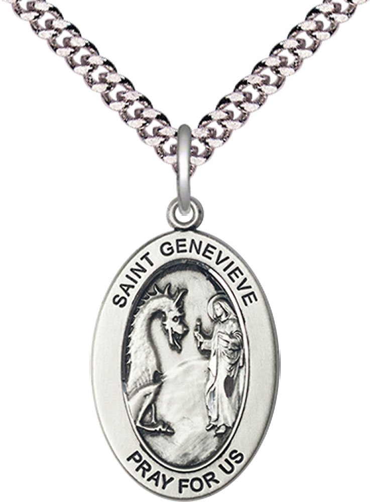 Sterling Silver Saint Genevieve Pendant on a 24 inch Light Rhodium Heavy Curb chain
