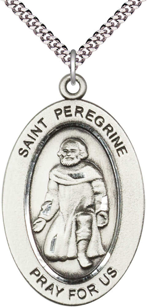 Sterling Silver Saint Peregrine Pendant on a 24 inch Light Rhodium Heavy Curb chain