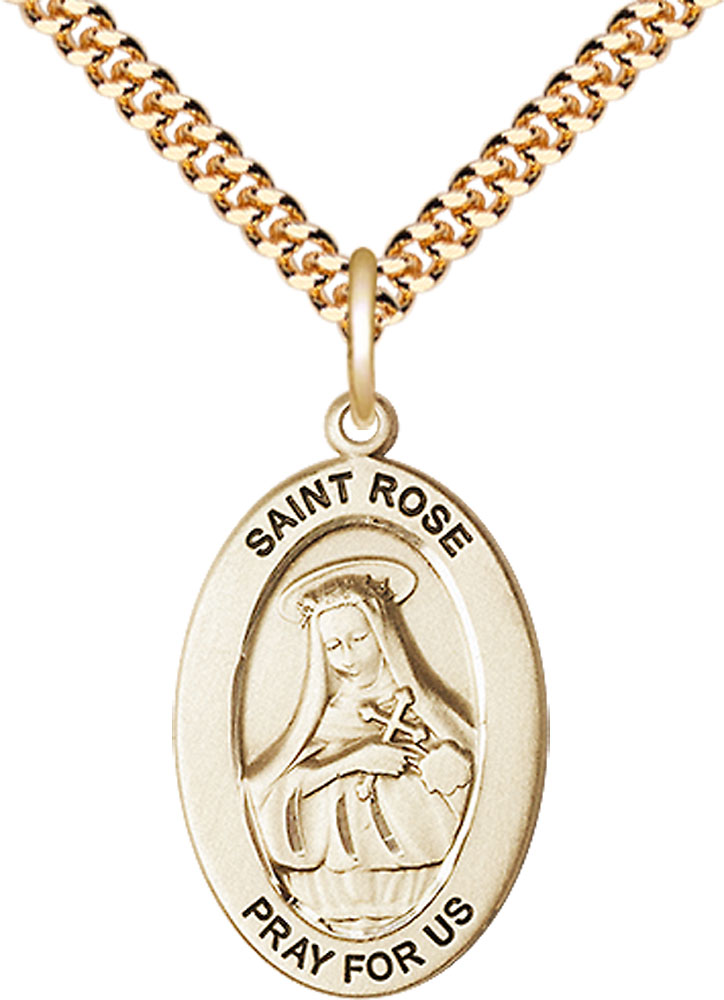 14kt Gold Filled Saint Rose of Lima Pendant on a 24 inch Gold Plate Heavy Curb chain