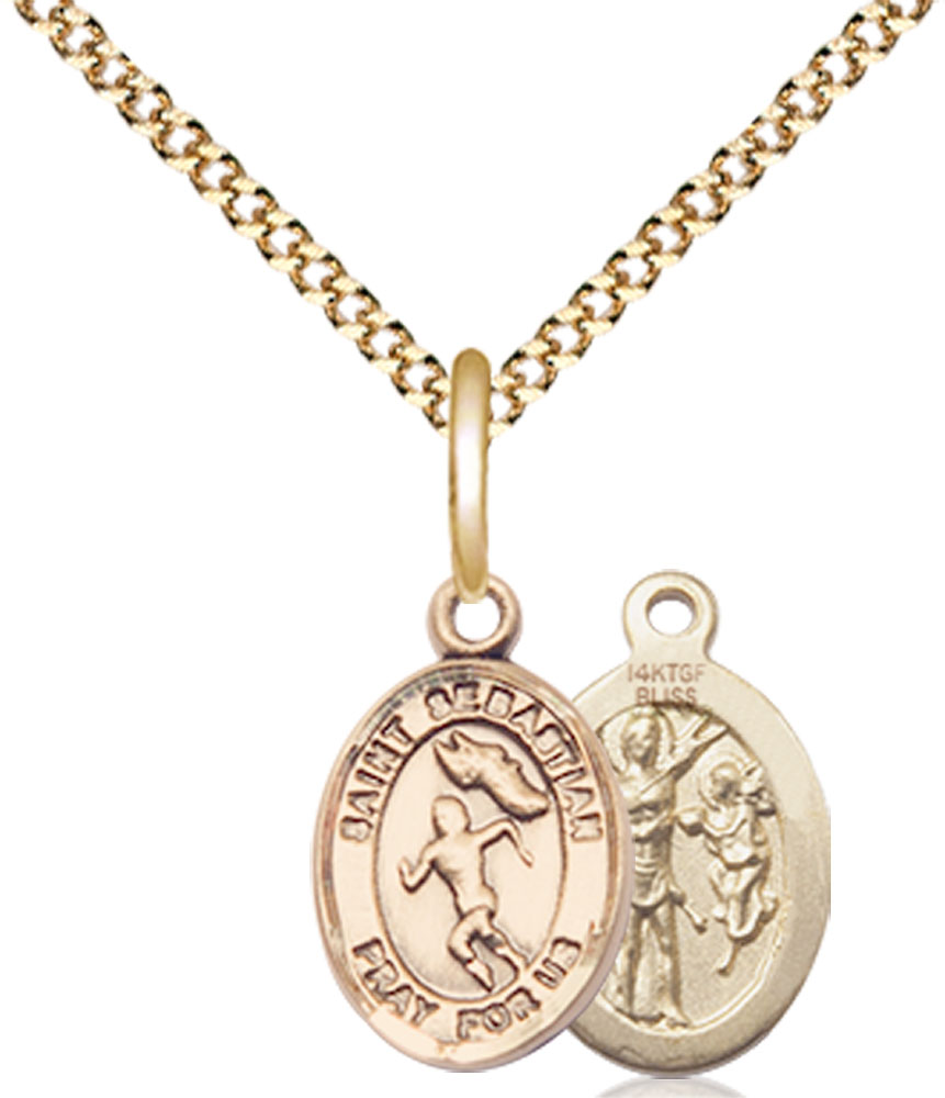 14kt Gold Filled Saint Sebastian Track and Field Pendant on a 18 inch Gold Plate Light Curb chain