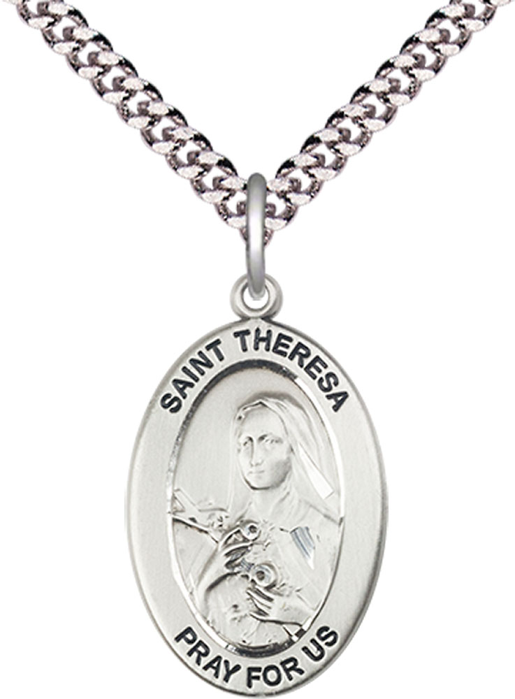 Sterling Silver Saint Theresa Pendant on a 24 inch Light Rhodium Heavy Curb chain