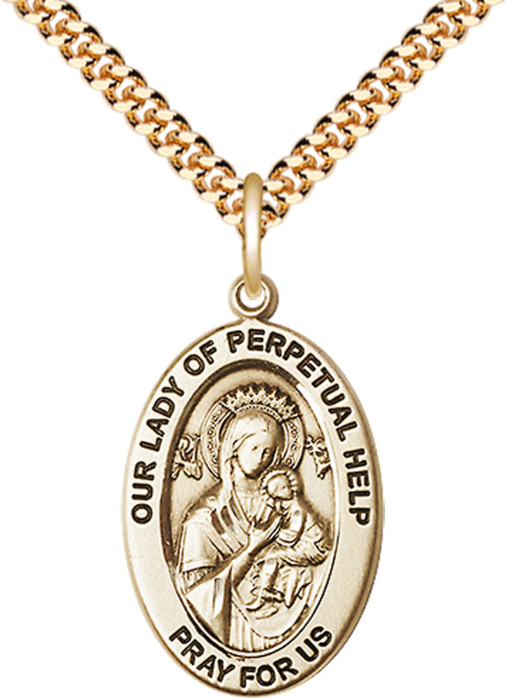 14kt Gold Filled Our Lady of Perpetual Help Pendant on a 24 inch Gold Plate Heavy Curb chain