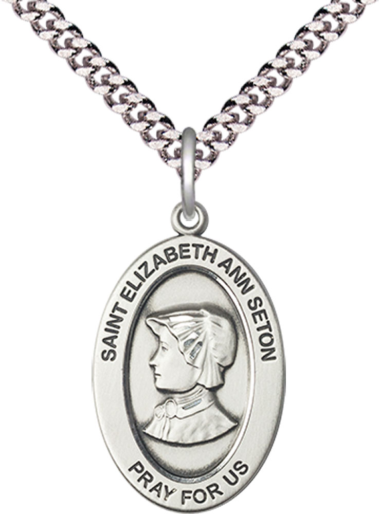 Sterling Silver Saint Elizabeth Ann Seton Pendant on a 24 inch Light Rhodium Heavy Curb chain