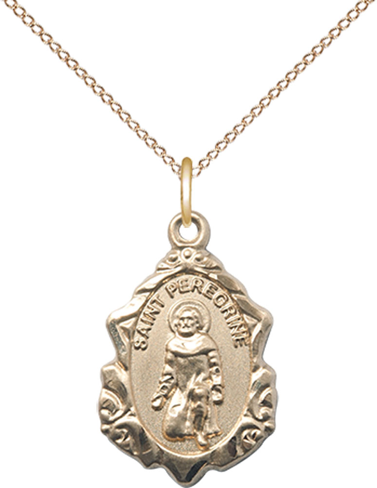 14kt Gold Filled Saint Peregrine Pendant on a 18 inch Gold Filled Light Curb chain