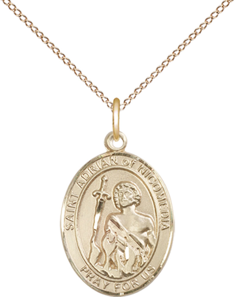 14kt Gold Filled Saint Adrian of Nicomedia Pendant on a 18 inch Gold Filled Light Curb chain
