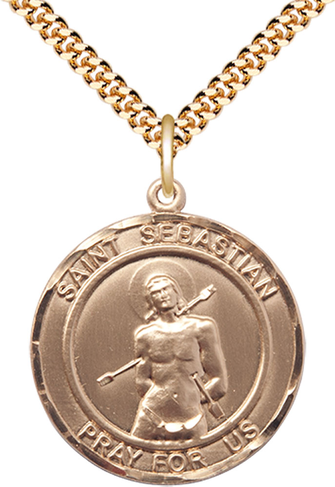 14kt Gold Filled Saint Sebastian Pendant on a 24 inch Gold Plate Heavy Curb chain