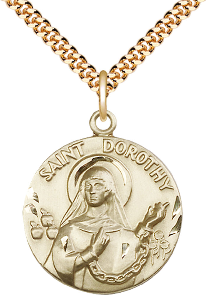 14kt Gold Filled Saint Dorothy Pendant on a 24 inch Gold Plate Heavy Curb chain