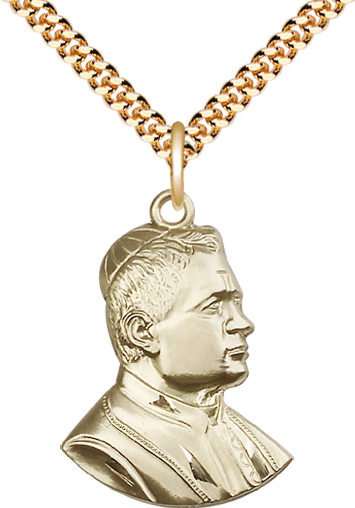 14kt Gold Filled Saint Pius X Pendant on a 24 inch Gold Plate Heavy Curb chain