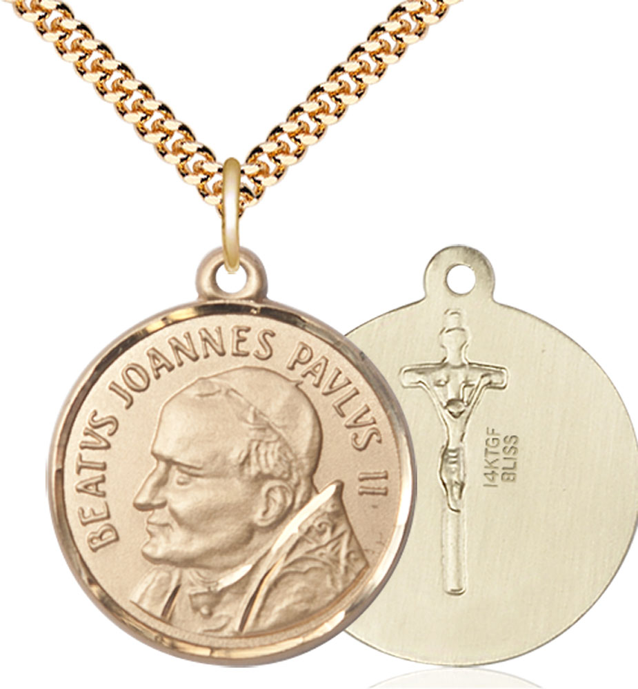 14kt Gold Filled Saint John Paul II Pendant on a 24 inch Gold Plate Heavy Curb chain