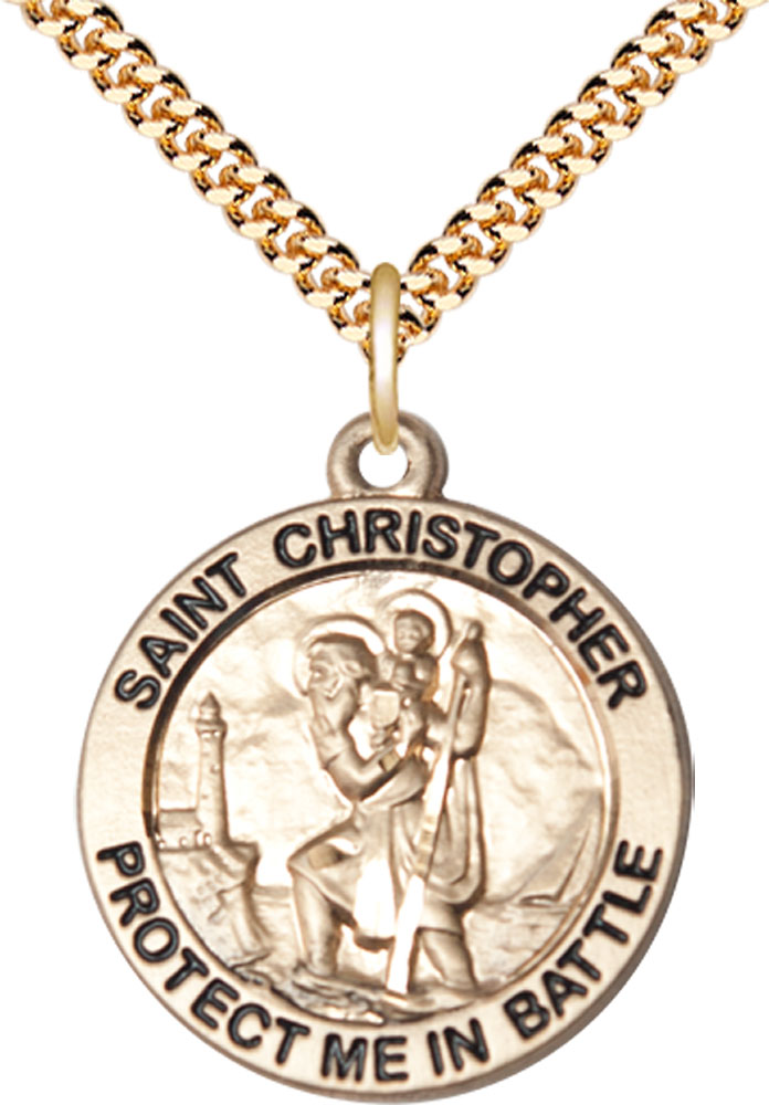 14kt Gold Filled Saint Christopher Pendant on a 24 inch Gold Plate Heavy Curb chain