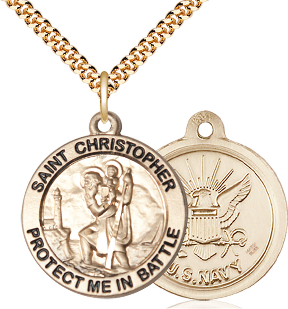 14kt Gold Filled Saint Christopher Navy Pendant on a 24 inch Gold Plate Heavy Curb chain