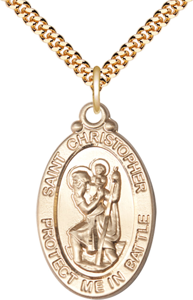 14kt Gold Filled Saint Christopher Pendant on a 24 inch Gold Plate Heavy Curb chain