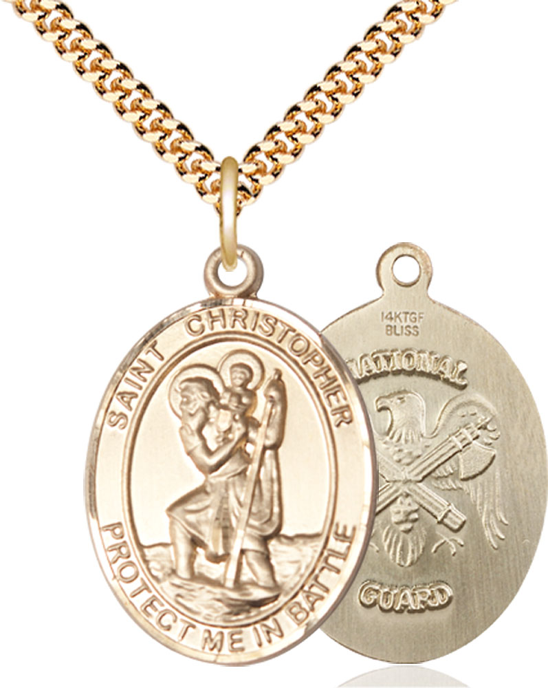 14kt Gold Filled Saint Christopher National Guard Pendant on a 24 inch Gold Plate Heavy Curb chain